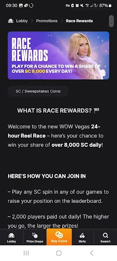 Wow Vegas - Race Rewards Page