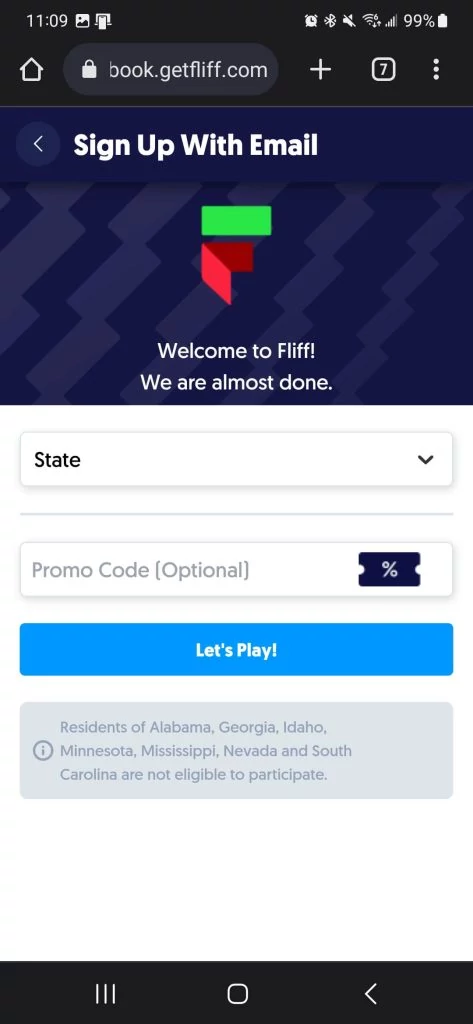 Fliff sign up with email - choose your state