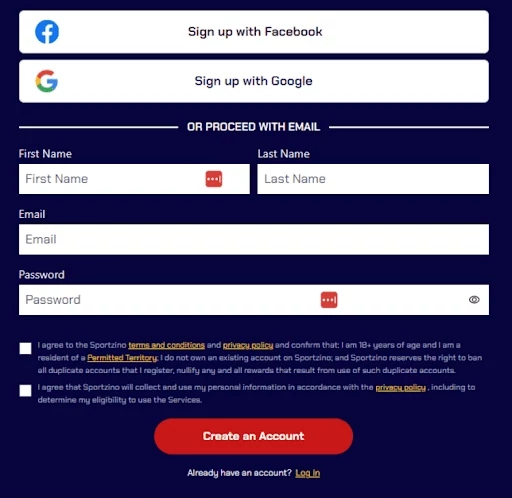 Sportzino - Sign up - Step 2