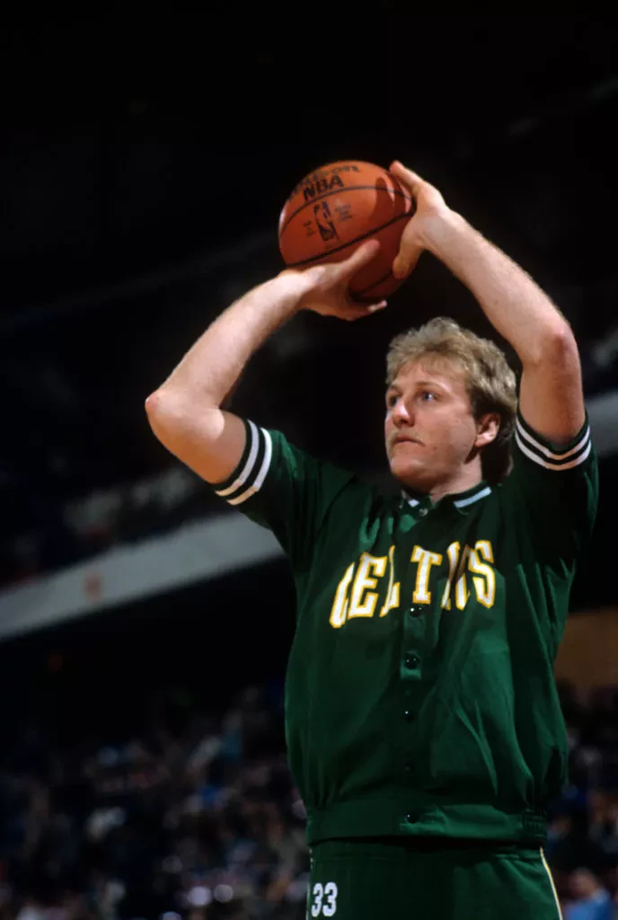 CIRCA 1982: Larry Bird #33 of the Boston Celtics warms up