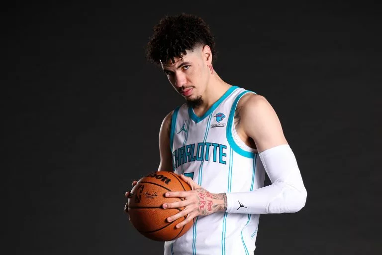 CHARLOTTE, NORTH CAROLINA - OCTOBER 02: LaMelo Ball #2 of the Charlotte Hornets poses for a portrait during Charlotte Hornets Media Day at Spectrum Center on October 02, 2023 in Charlotte, North Carolina. NOTE TO USER: User expressly acknowledges and agrees that, by downloading and or using this photograph, User is consenting to the terms and conditions of the Getty Images License Agreement. (Photo by Jared C. Tilton/Getty Images)