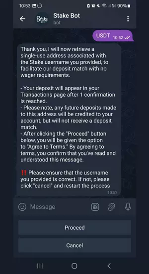 Stake.us - How to deposit with Telegram - Deposit Terms