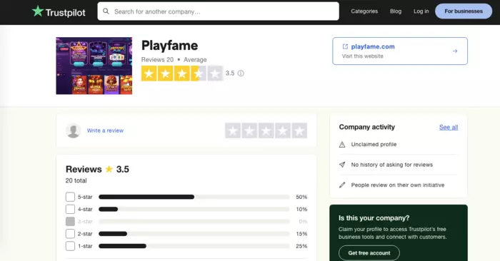 playfame trustpilot score